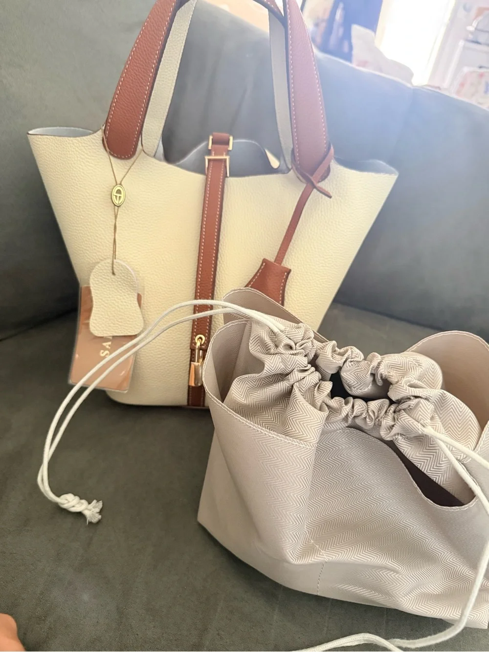Cream and Brown Women's Pebbled Leather Tote with Horse Charm